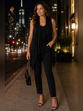 LOGO Lori Goldstein Black Tie Front Cardigan Vest Sleeveless Draped Layering 1X